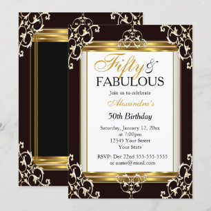 Elegant Gold Black white 50th Fabulous Birthday Invitation