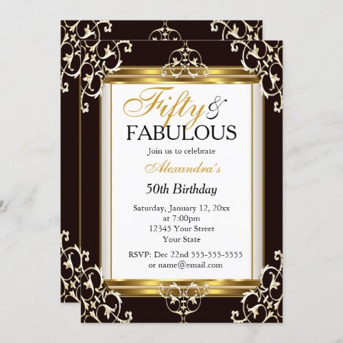 Elegant Gold Black white 50th Fabulous Birthday Invitation