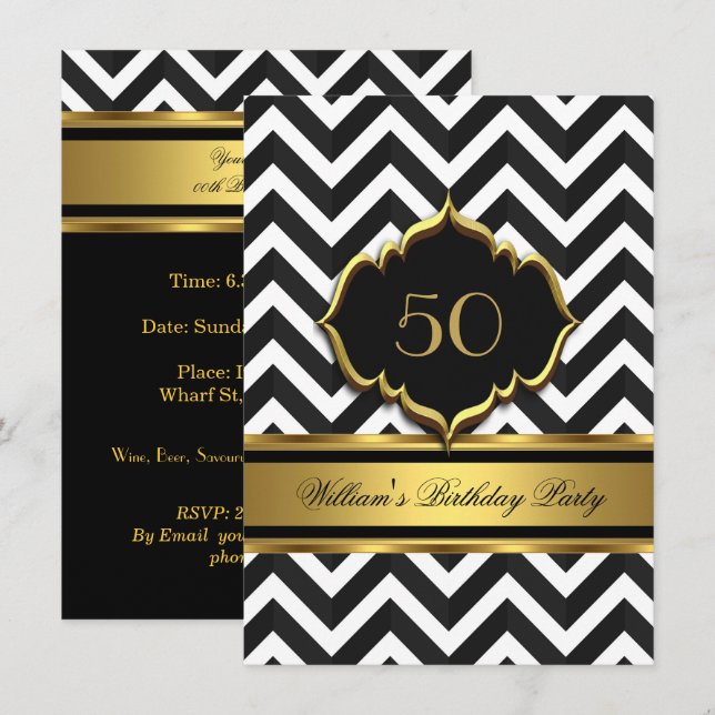 Elegant Gold Black White Chevron Birthday Party Invitation (Front/Back)