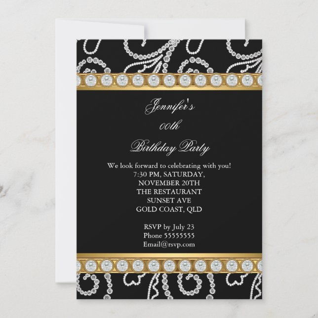 Elegant Gold Black White Diamond Birthday Party Invitation (Front)