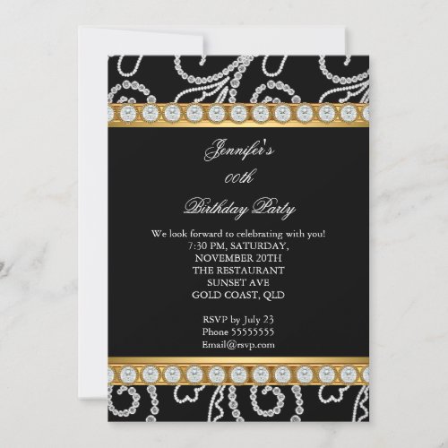Elegant Gold Black White Diamond Birthday Party Invitation