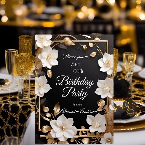 Elegant Gold Black White floral Birthday Party Invitation
