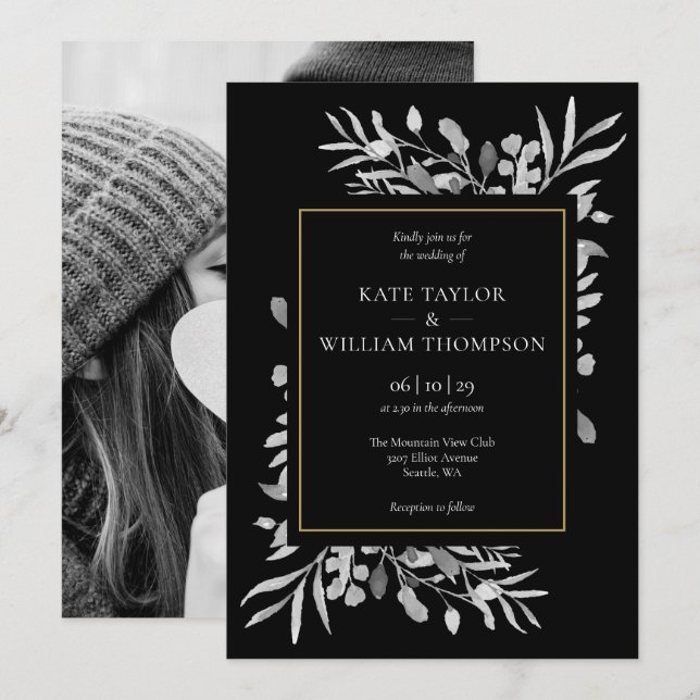 Elegant Gold Black White Foliage Photo Wedding Invitation (Front/Back)