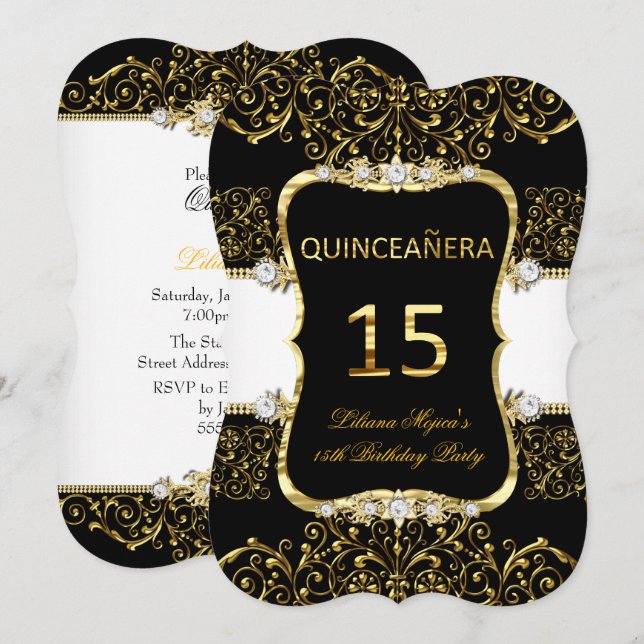 Elegant Gold Black White Glamour Quinceanera Invitation (Front/Back)