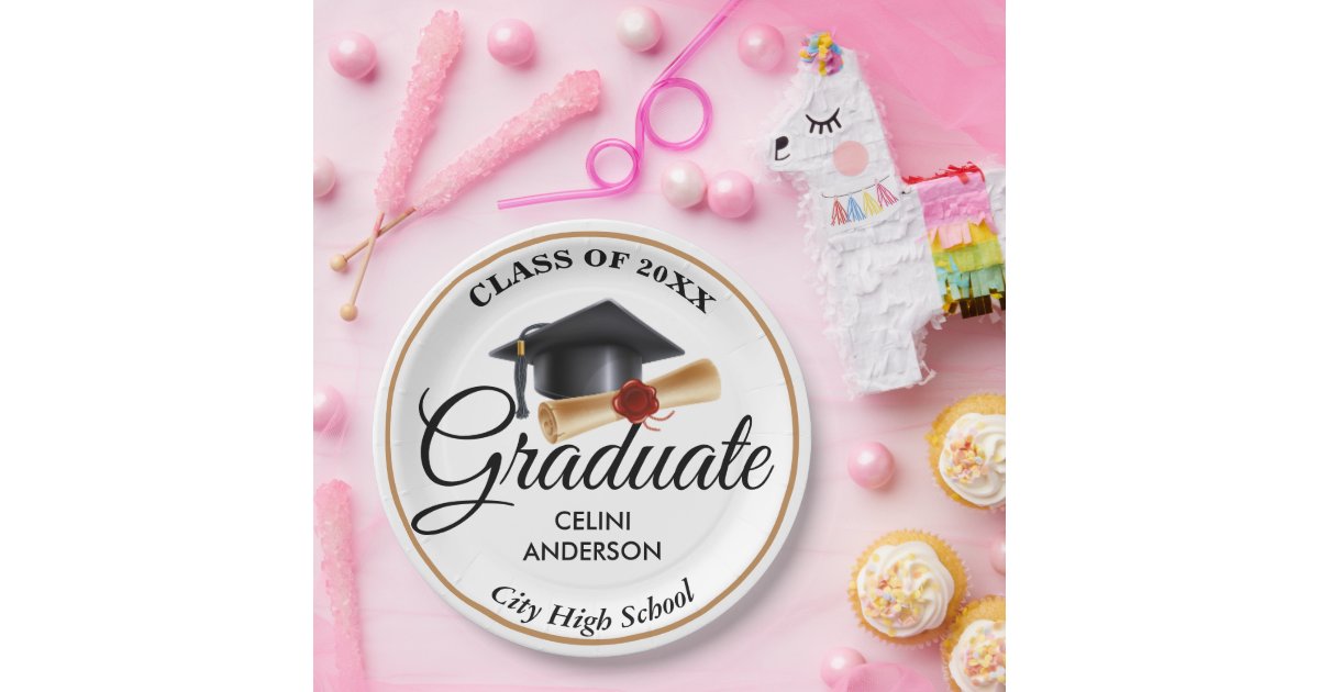 Elegant Gold, Black & White graduation Party Paper Plates | Zazzle