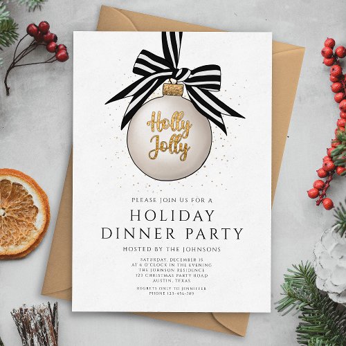 Elegant Gold Black  White Holiday Dinner Party Invitation