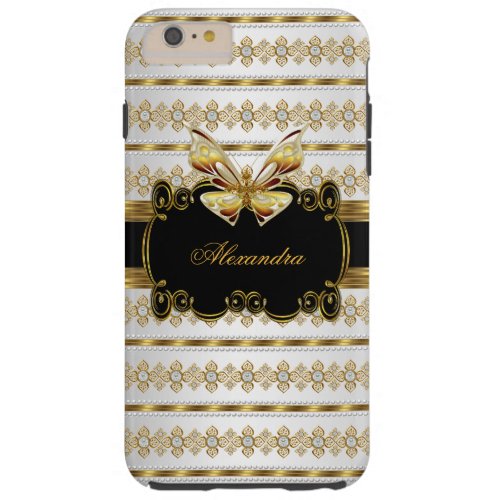 Elegant Gold Black White Jewel Stripe Butterfly Tough iPhone 6 Plus Case