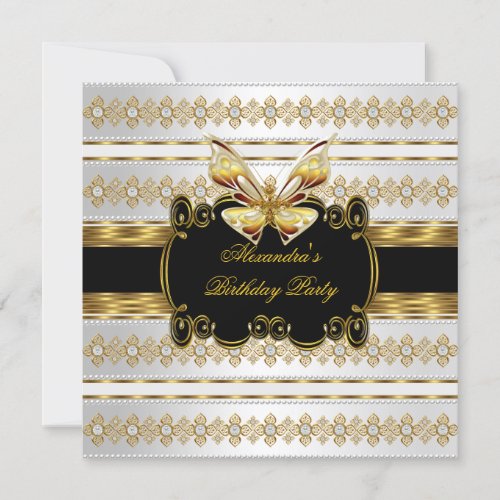 Elegant Gold Black White Jewel Stripe Butterfly Invitation