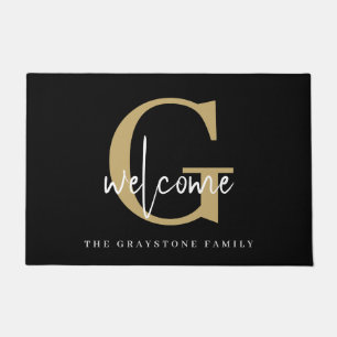 Elegant Gold Black White Monogram Family Welcome Doormat