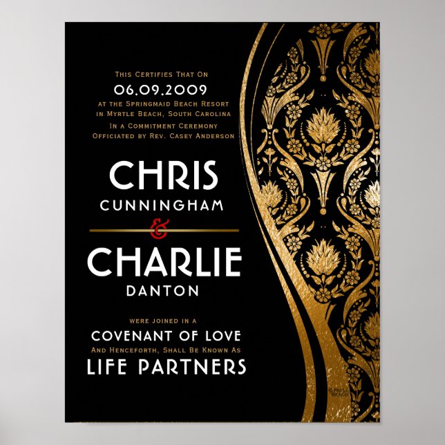 Elegant Gold Black White Wedding Certificate Poster (Front)