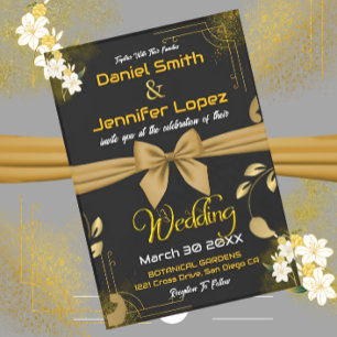 Elegant Gold & Black With White Floral Wedding Invitation