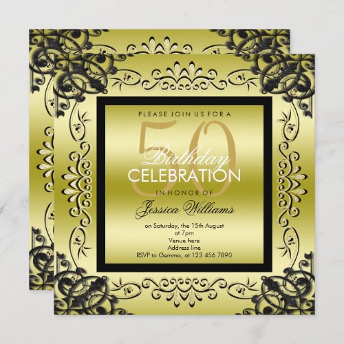 Elegant Gold  Black Womens 50th Birthday Invitation