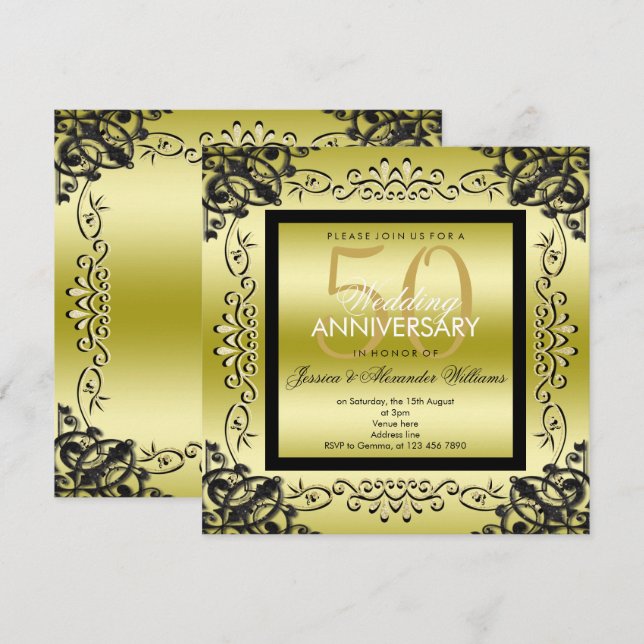 Elegant Gold & Black Women's 50th Wedding Invitation (Front/Back)