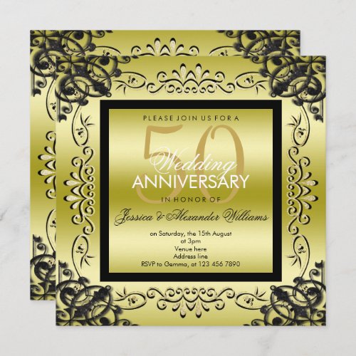 Elegant Gold  Black Womens 50th Wedding Invitation