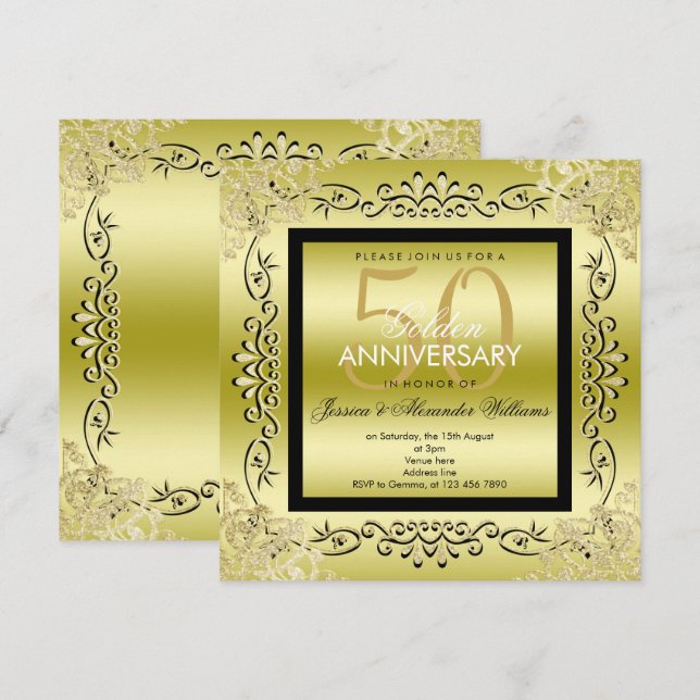 Elegant Gold & Black Women's 50th Wedding Invitation (Front/Back)