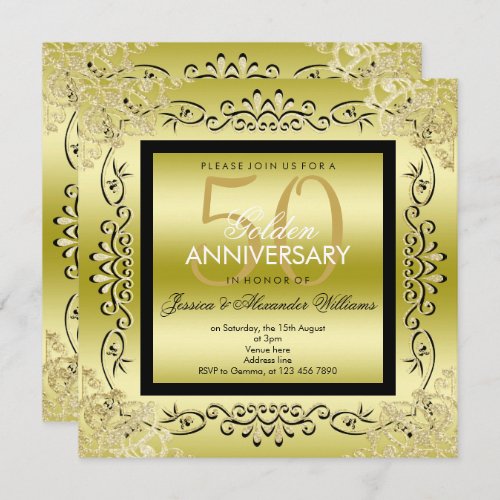 Elegant Gold  Black Womens 50th Wedding Invitation