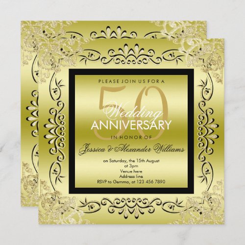 Elegant Gold  Black Womens 50th Wedding Invitation