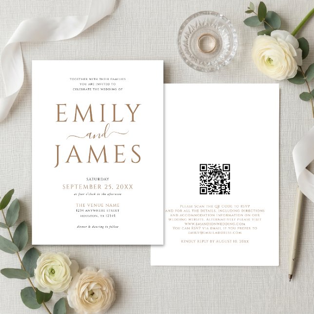 Elegant Gold Black Writing QR Code Wedding White Invitation (Creator Uploaded)