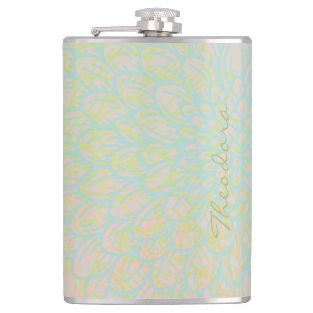 Elegant Gold Blue Abstract Floral Flask (Front)