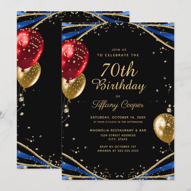 Elegant Gold Blue Agate 70th Birthday Invitation (Front/Back)