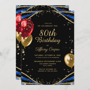 Elegant Gold Blue Agate 80th Birthday Invitation