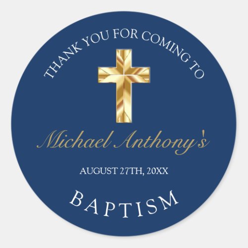 Elegant Gold Blue Baby Baptism Thank You Classic Round Sticker