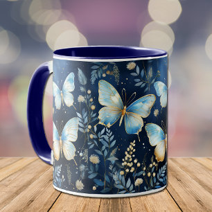 Elegant Gold Blue Butterfly Pattern on Navy  Mug