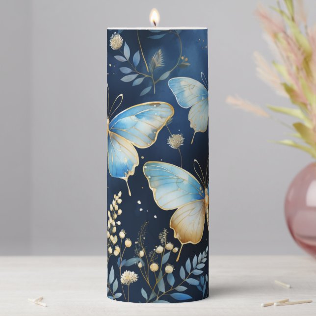 Elegant Gold Blue Butterfly Pattern on Navy  Pillar Candle (In Situ)