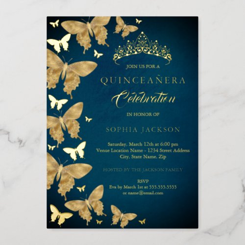 Elegant Gold Blue Butterfly Quinceanera Foil Invitation