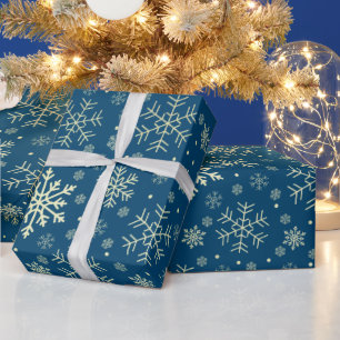 Elegant Gold & Blue Christmas Snowflake Pattern Wrapping Paper