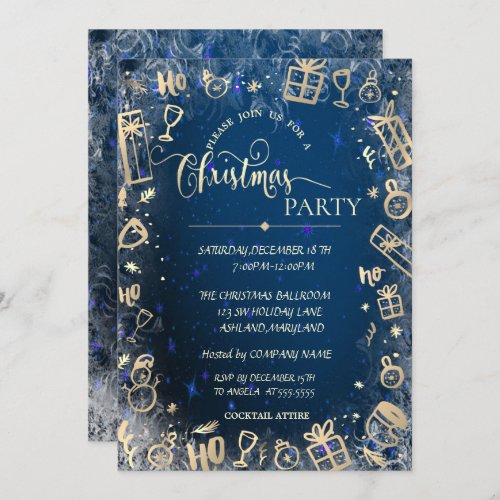 Elegant Gold Blue Company Christmas Party Invitation