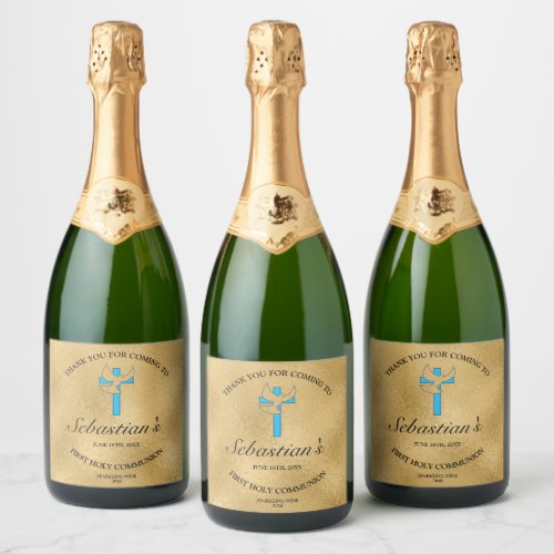 Elegant Gold Blue Cross Dove 1st Communion Sparkling Wine Label