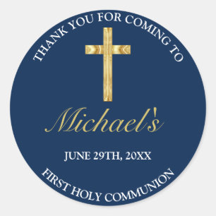 Elegant Gold Blue Cross First  Communion Thank You Classic Round Sticker