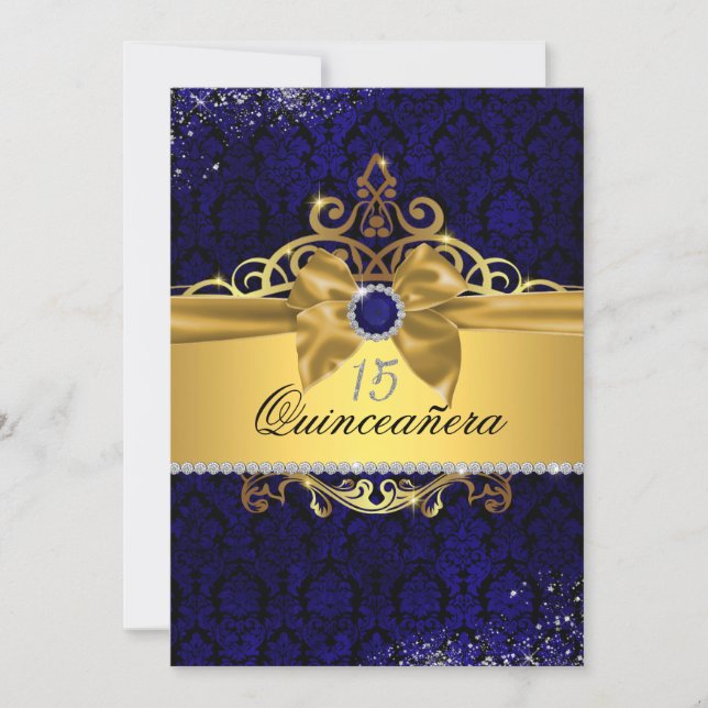 Elegant Gold Blue Damask Quinceanera Invite (Front)