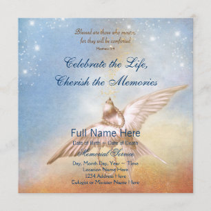 Elegant Gold Blue Dove In Loving Memory Memorial Invitation