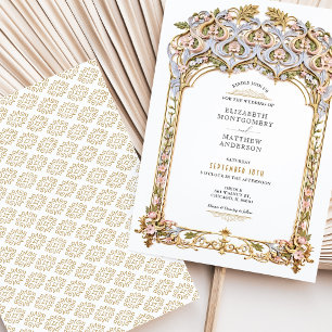Elegant Gold & Blue Filigree Wedding Invitation
