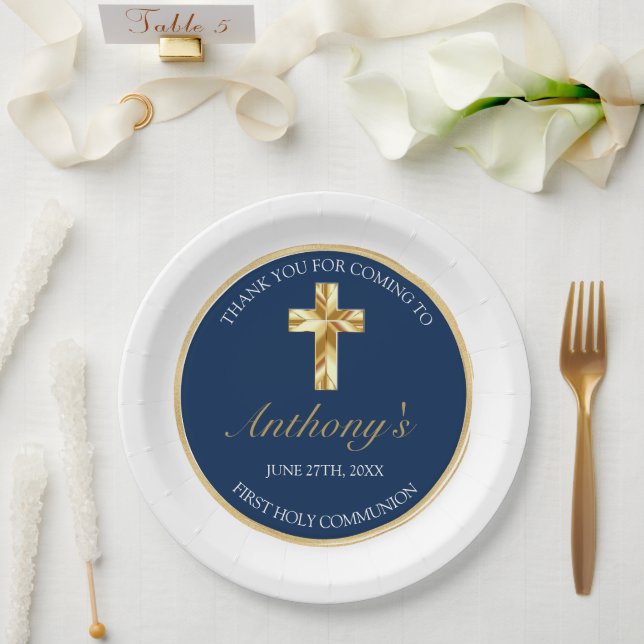 Elegant Gold Blue First Holy Communion Thank You Paper Plates (Wedding)