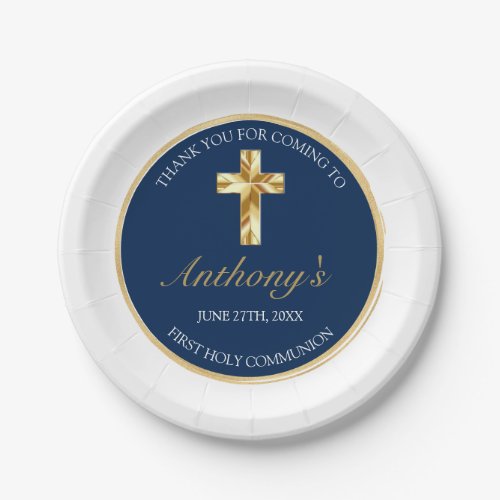 Elegant Gold Blue First Holy Communion Thank You Paper Plates