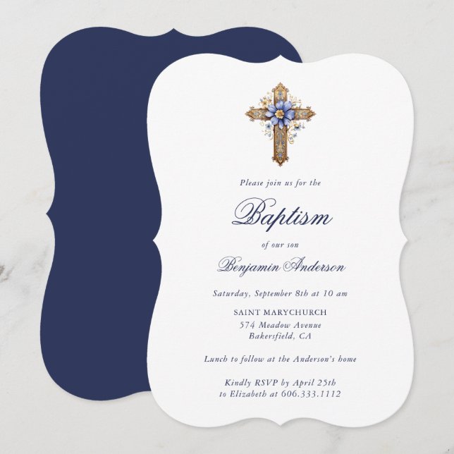 Elegant Gold Blue Floral Cross Boy Baptism Invitation (Front/Back)