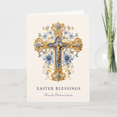Elegant Gold Blue Floral Cross Religious Easter Holiday Card