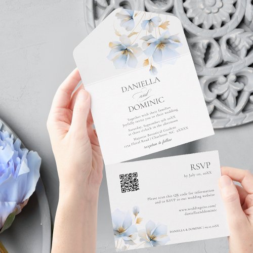 Elegant Gold Blue Floral Wildflowers QR Wedding All In One Invitation