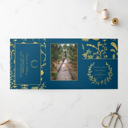 Elegant Gold  Blue Floral Wreath Wedding Suite Tri_Fold Invitation
