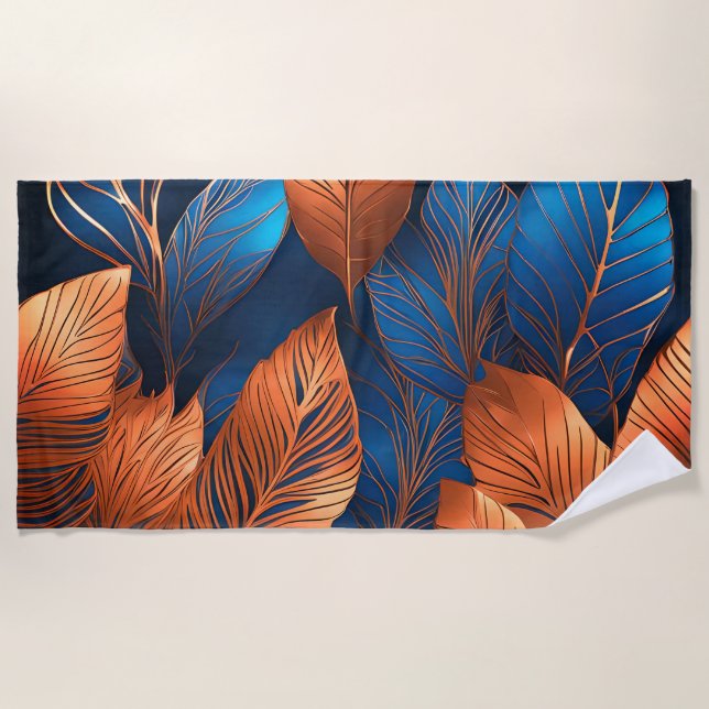 Elegant Gold Blue Foliage Nature Design  Beach Towel (Front)