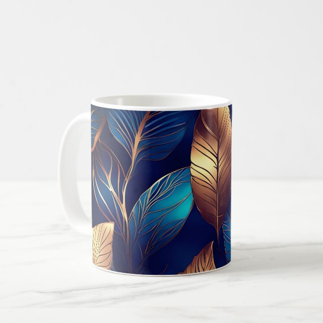 Elegant Gold Blue Foliage Nature Design  Coffee Mug (Front Left)