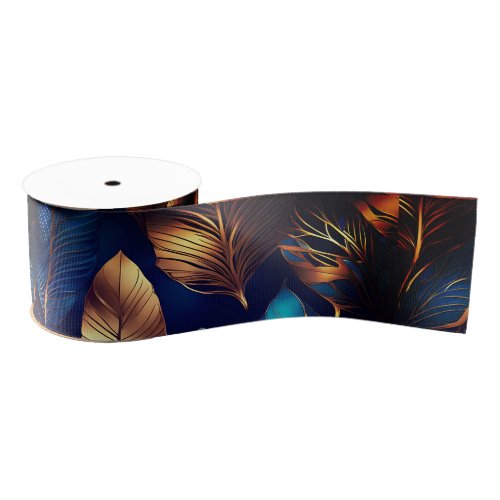 Elegant Gold Blue Foliage Nature Design  Grosgrain Ribbon