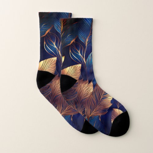 Elegant Gold Blue Foliage Nature Design  Socks