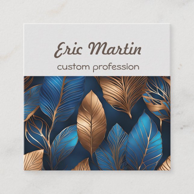 Elegant Gold Blue Foliage Nature Design  Square Business Card (Front)