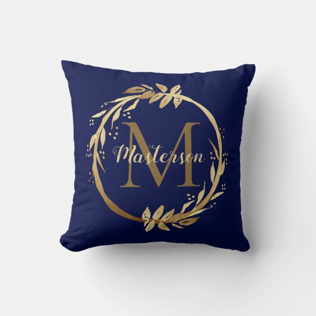 Elegant Gold Blue Foliage Wreath Family Monogram Throw Pillow (Front)