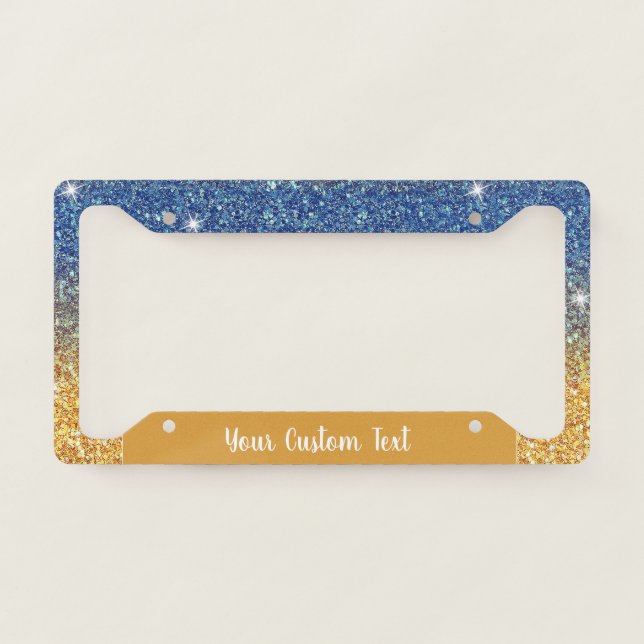 Elegant Gold Blue Glitter Sparkle Personalized License Plate Frame (Front)