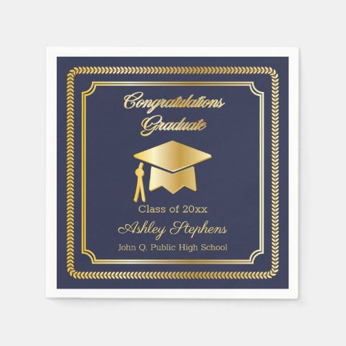 Elegant Gold  Blue Grad Cap Class of 2023 Napkins